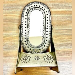 Vintage Mexican Punched Tin Vanity Mirror w/ Stand, Old Folk Art Southwestern